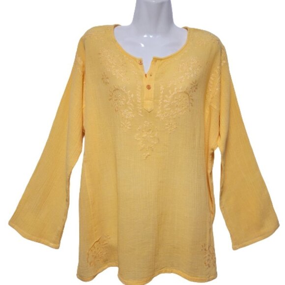 Cotton Embroidered Long Sleeve Yellow Saffron Indian Traditional Unisex Top XL - Picture 1 of 10